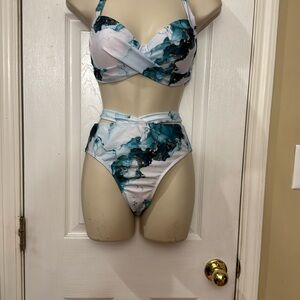 Marble Print Push Up Halter Ruched Wrap Front High Waist bikini M